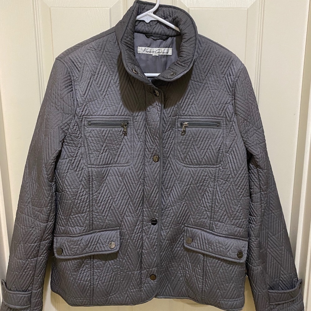 Kenneth Cole‎ New York-Quilted Jacket-Grey/Silver-Faux Fur Lining-Large